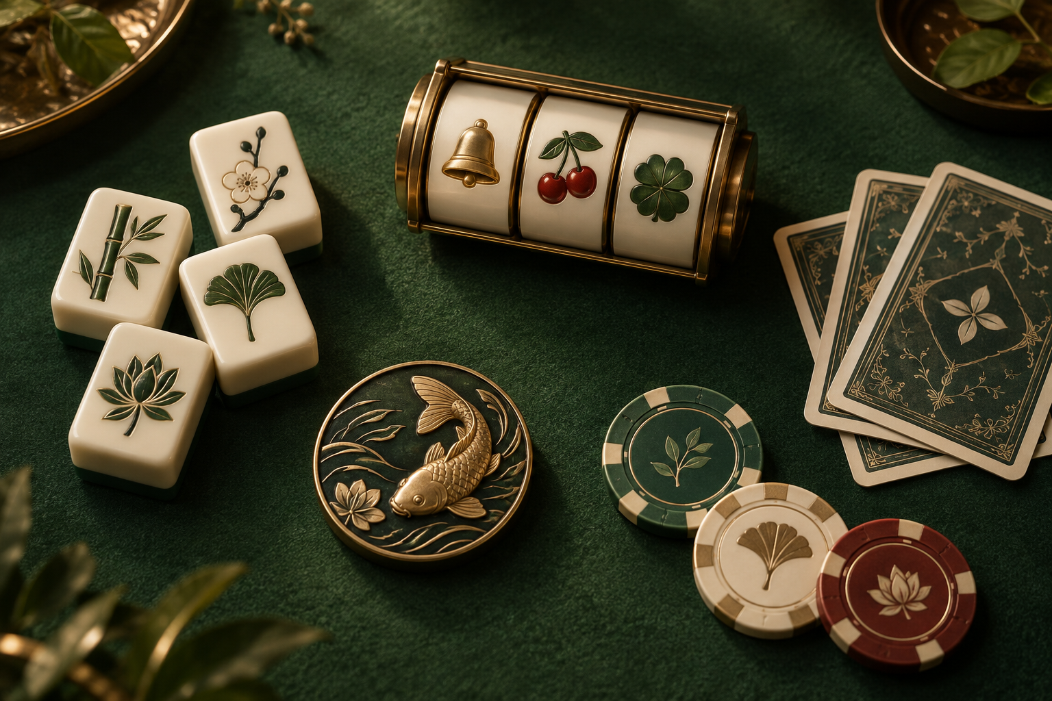 Ilustrasi katalog kasino dengan ubin mahjong, gulungan slot, kartu, dan cip